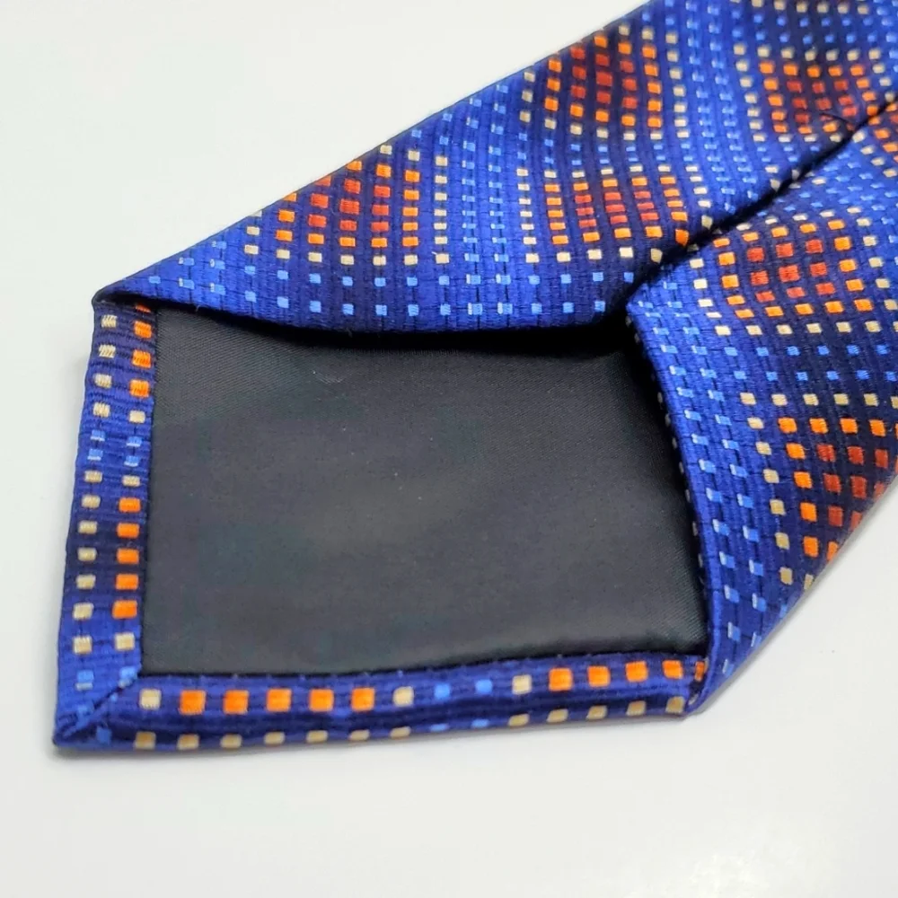 VAN HEUSEN Geometric Tiny Cubes Blue Brown Silk Tie EUC
